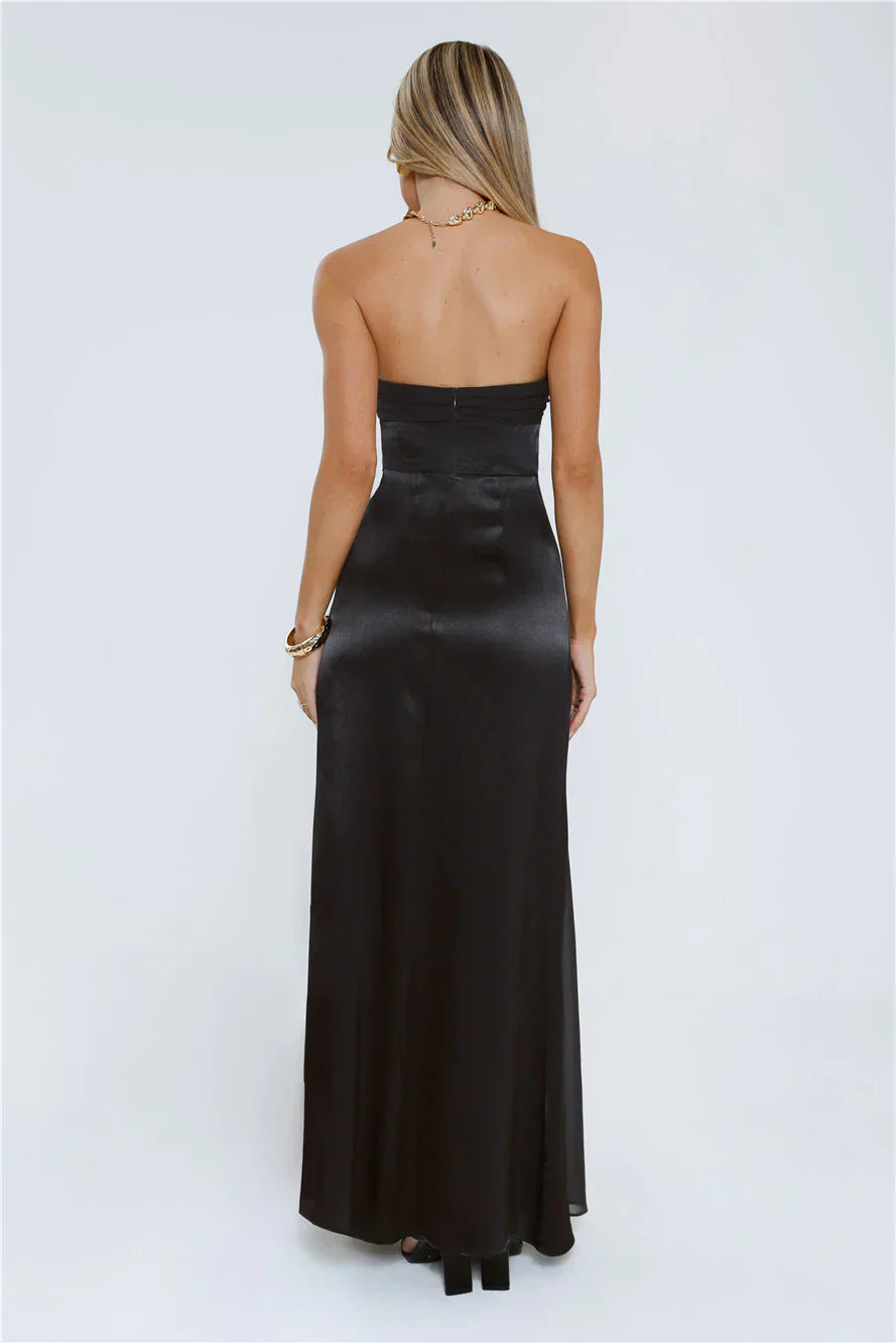Statement Shine Strapless Satin Maxi Dress Black