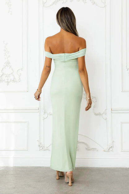 Stepping Back Off Shoulder Mesh Maxi Dress Sage