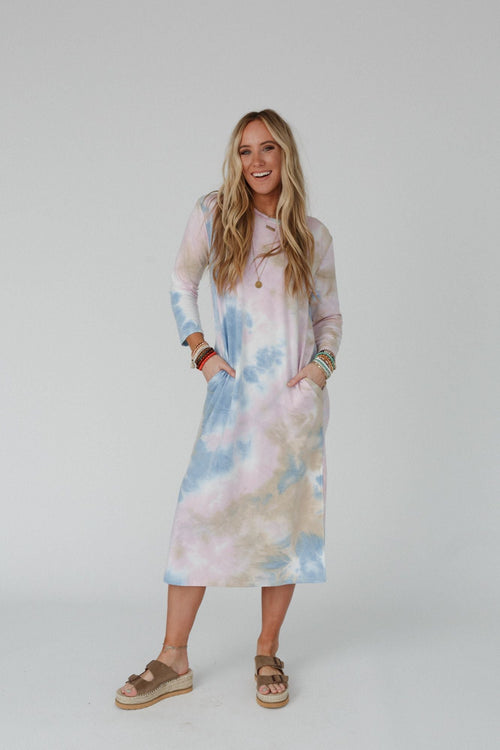 The Nest Soul Shine Pocketed Tie Dye Midi Dress - Lavender Taupe - Pre Order