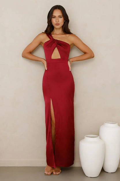 Strong Desire Satin One Shoulder Maxi Dress Burgundy