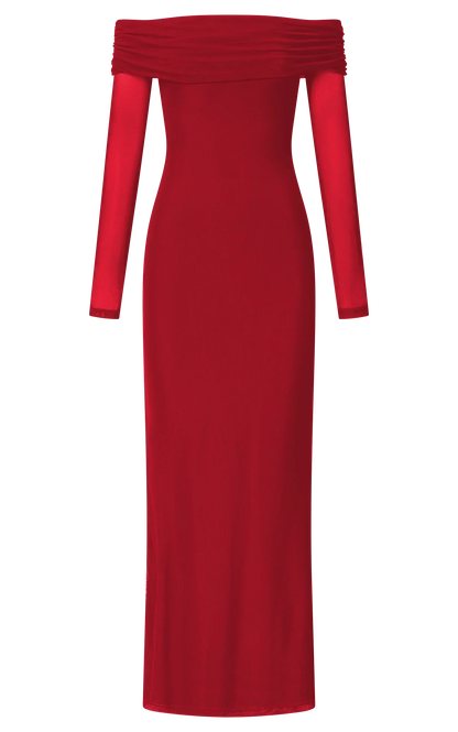 Bethanie Maxi Dress - Off The Shoulder Mesh Dress in Red