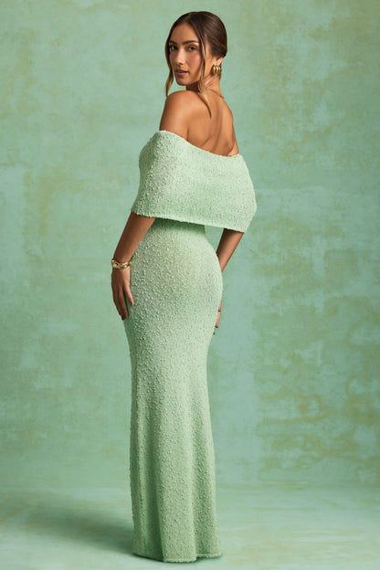 Bouclé Off-Shoulder Maxi Dress in Mint