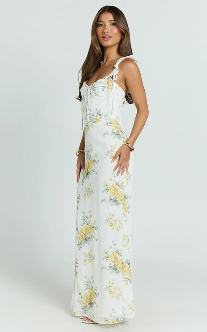 Mabel Maxi Dress - Georgette Frill Sleeve Sweetheart Bias Cut Dress in Antique Florals