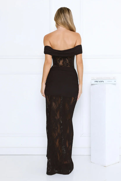 Subtle Allure Off Shoulder Sheer Lace Maxi Dress Black