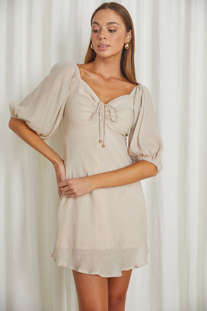 Avaline Drawstring Bust Mini Dress Beige