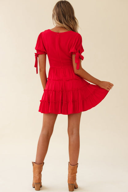 Jocelyn Short Sleeve Tied Cuff Layered Ruffle Dress Red