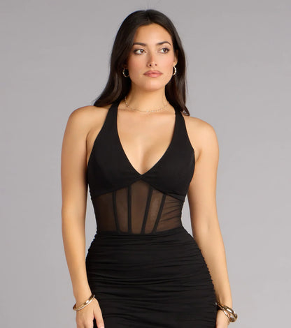 Kristy Mesh Corset Lace-Up Slit Formal Dress
