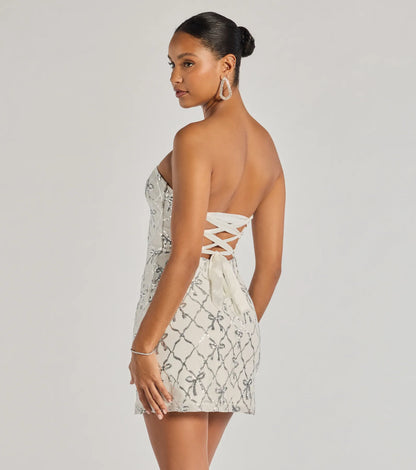 Cutest Style Sequin Bow Strapless Lace-Up Mini Dress