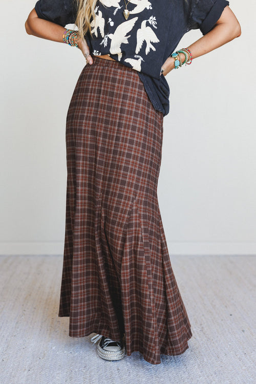 High Plains Plaid Maxi Skirt - Brown - Pre Order