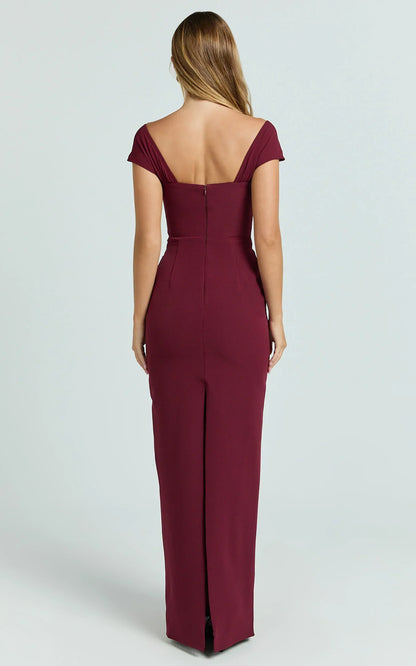 Veronika Maxi Dress - Off Shoulder Plunge High Split Dress in Wine