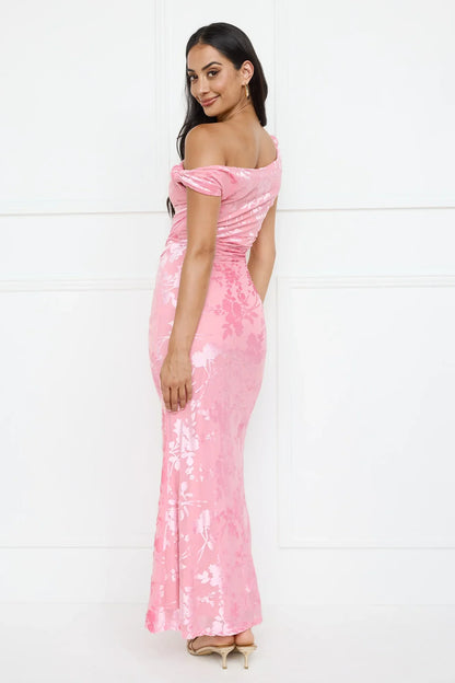 Sultry Poise Mesh Off Shoulder Maxi Dress Pink