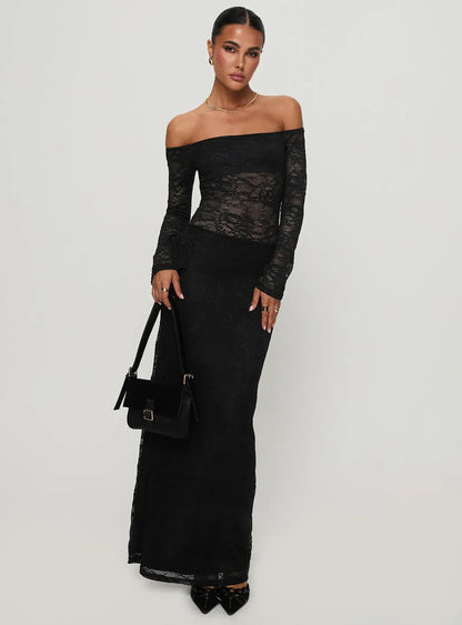 Pinot Grigio Long Sleeve Lace Maxi Dress Black