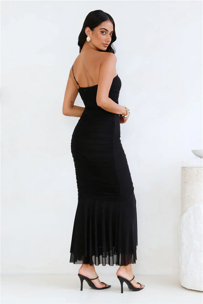 Style Night One Shoulder Mesh Midi Dress Black