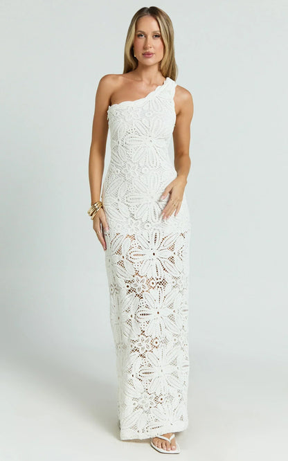 Charlene Maxi Dress - Crochet Knitted One Shoulder Maxi Dress in White
