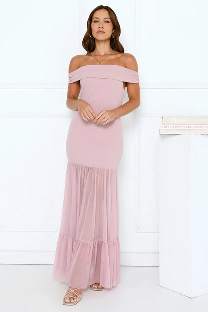 Starlit Aurora Off Shoulder Mesh Maxi Dress Pink