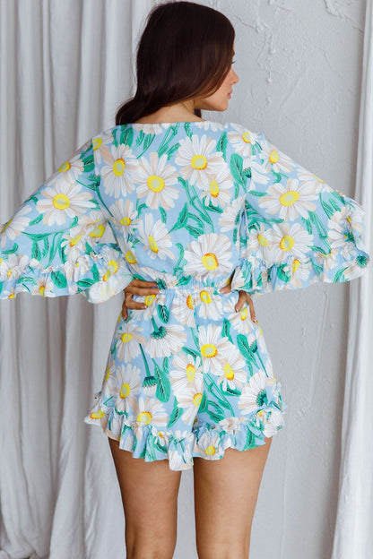 Athira Tied Bust Flared Sleeve Romper Daisy Blue