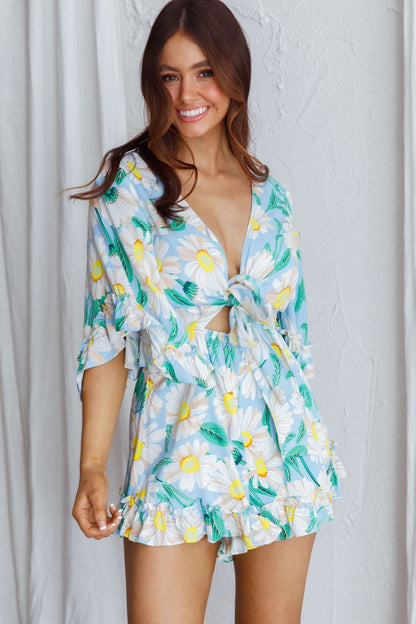 Athira Tied Bust Flared Sleeve Romper Daisy Blue