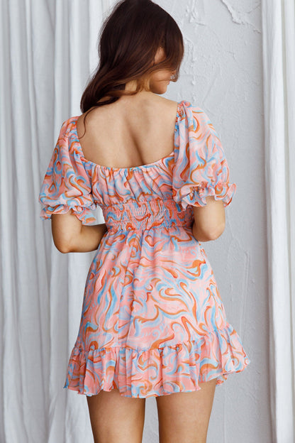 Carlina Shirred Waist Mini Dress Swirl Pink