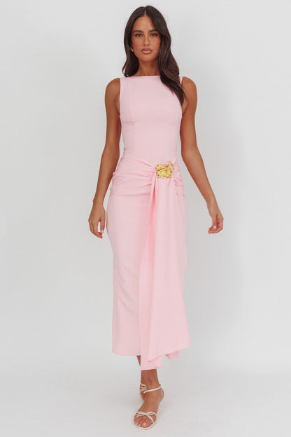 Zimora Gold Buckle Waist Drape Maxi Dress Pink