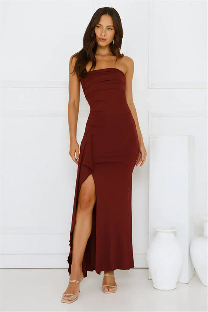 Sunshine Shuffle Strapless Maxi Dress Burgundy