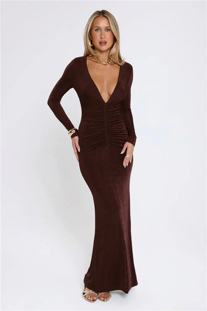 Stare Worthy Long Sleeve Maxi Dress Brown