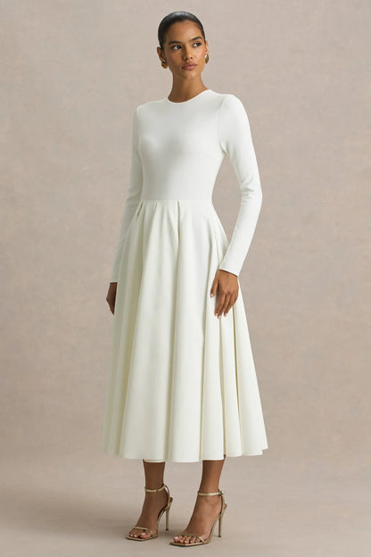 Bellamy | Cream Crew-Neck Long Sleeve Midi Dress