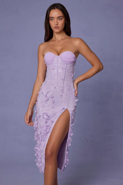Lace-Up Corset Midaxi Dress with Split in Lilac
