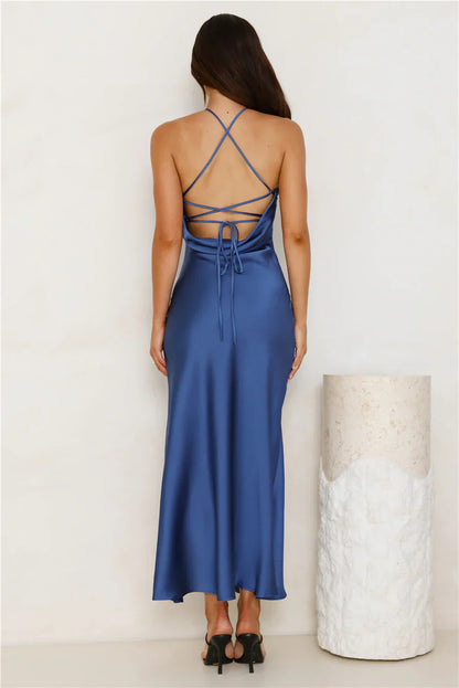 Styled Chicly Satin Maxi Dress Navy