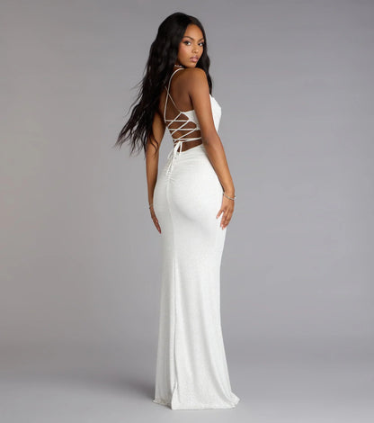 Diane Lace-Up Slit Mermaid Glitter Formal Dress