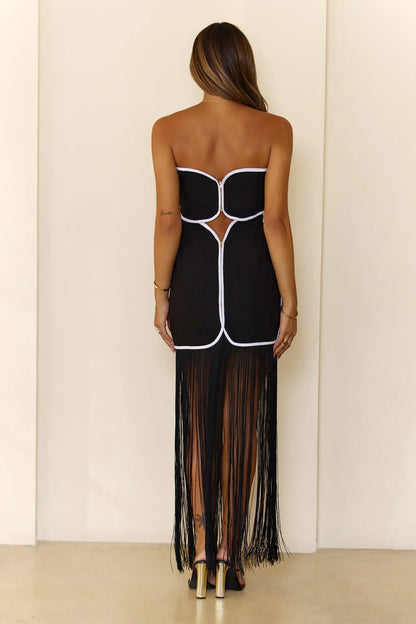 Strapless Fringe Bodycon Midi Dress Black
