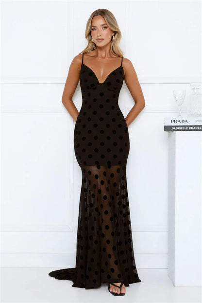Sultry Polka Dot Velvet Maxi Dress Black