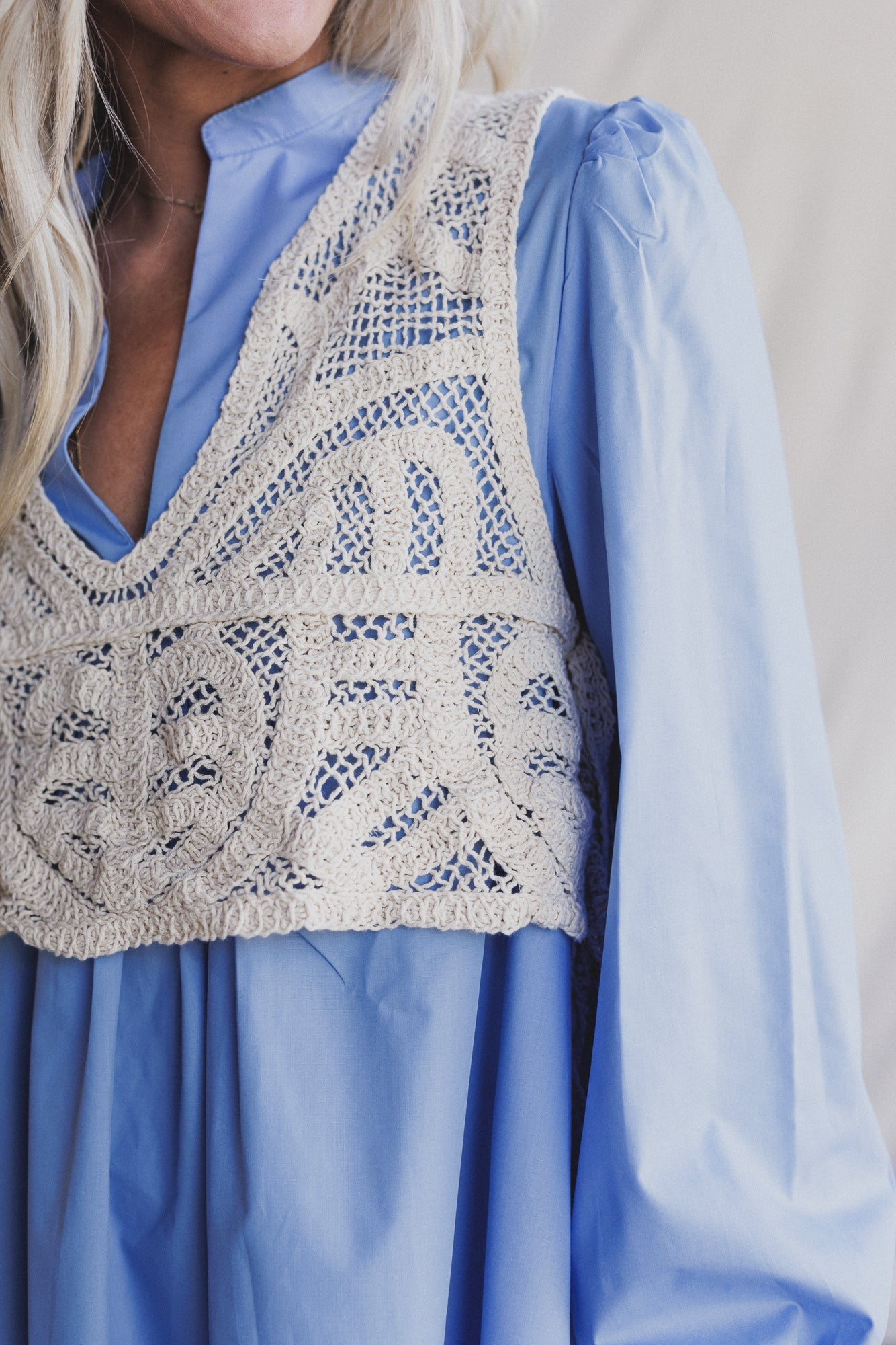 Sweet Edge Crochet Vest Tunic Dress - Light Blue - Pre Order