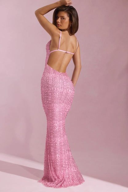 Embellished Cowl-Neck Backless Maxi Dress in Pink