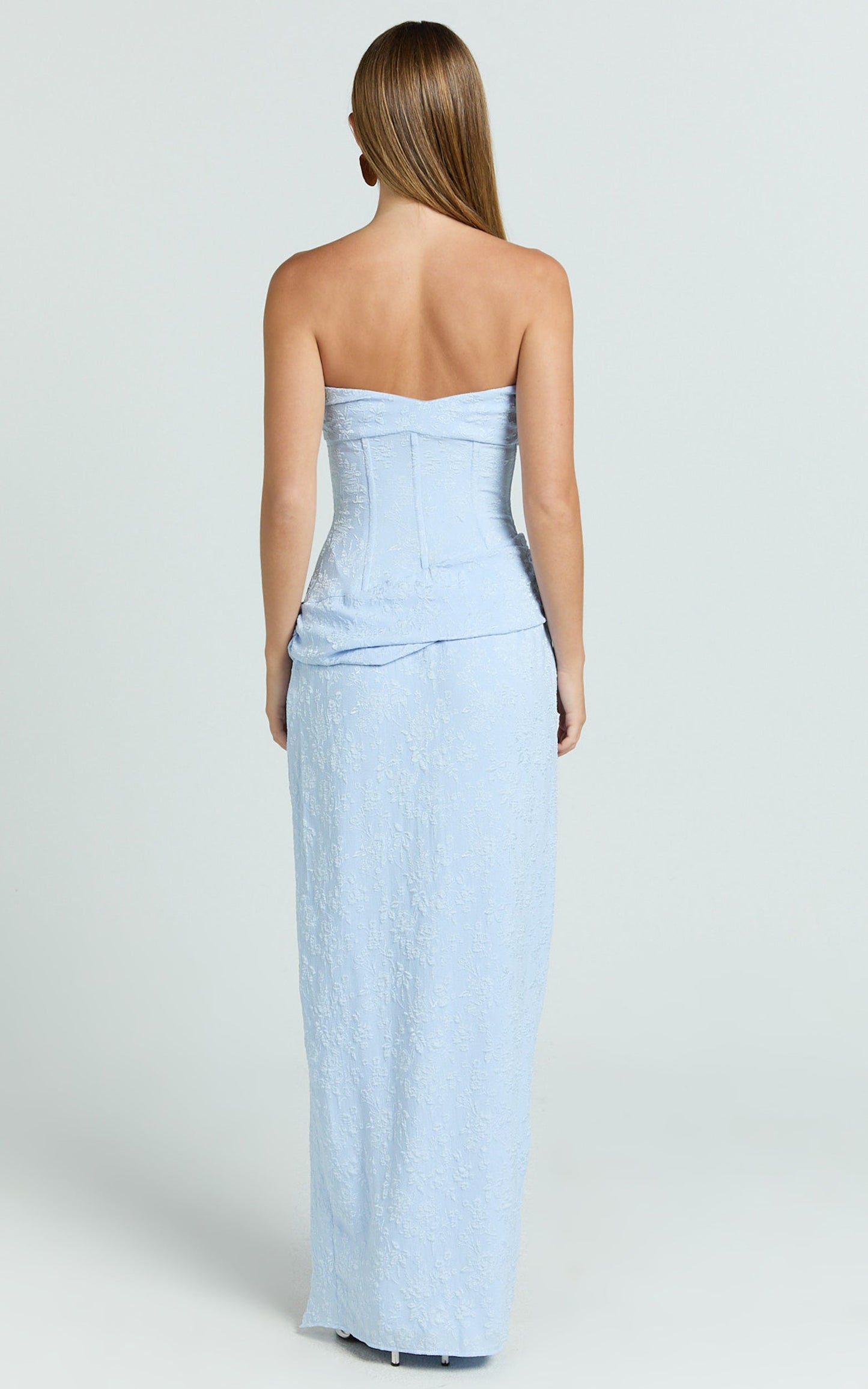 Berri Maxi Dress - Strapless Jacquard High Split Dress in Blue