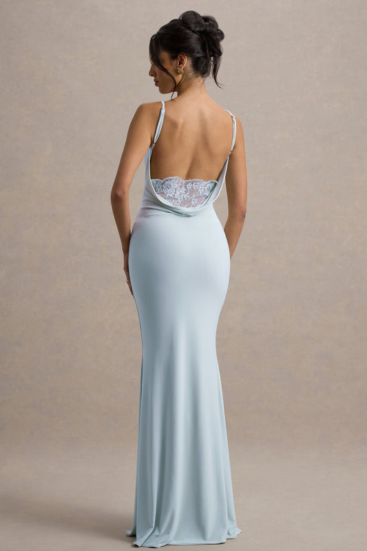 Francoise | Light Blue Cowl Neck Backless Maxi Dress With Lace Insert