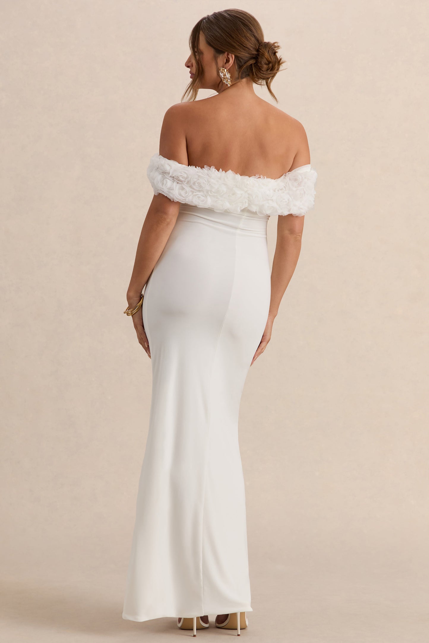 Inflorescence | White Mesh Floral Bardot Maternity Maxi Dress