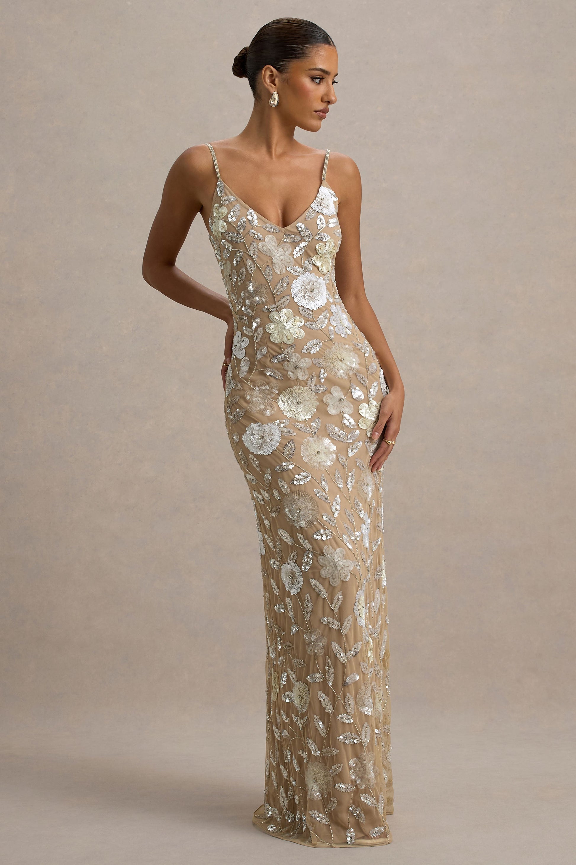 Gemini | Floral Sequin Hand-Embellished Strappy Maxi Dress