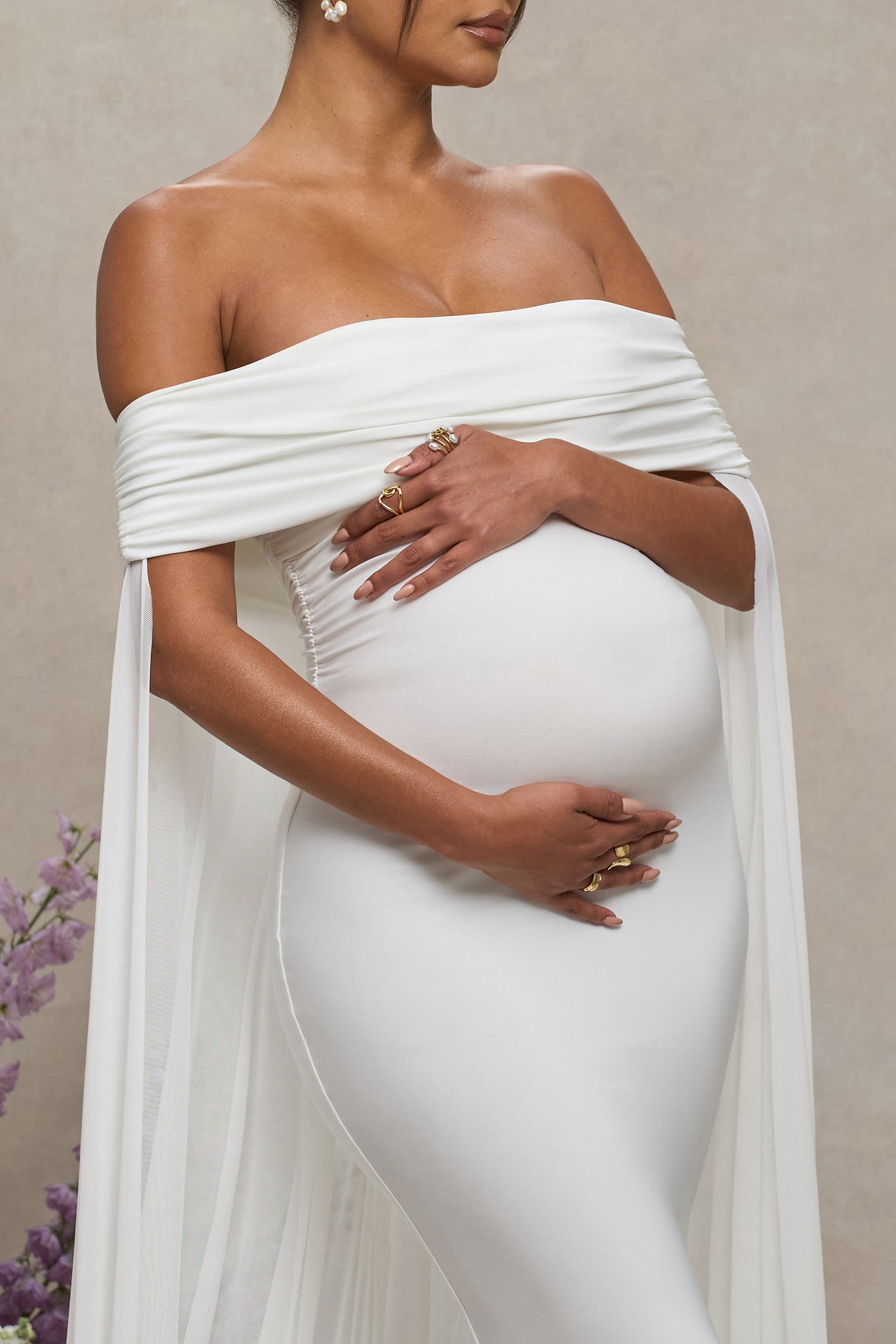 Carlotta | White Bardot Maternity Maxi Dress With Chiffon Cape