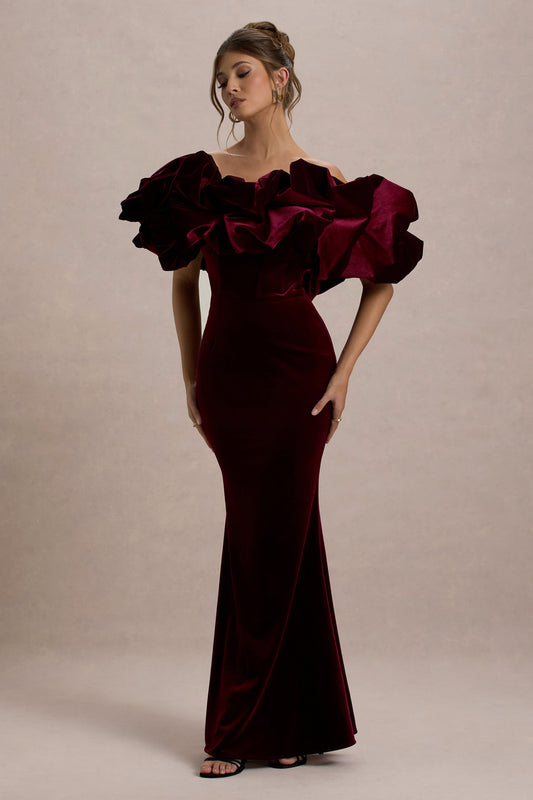 Cecily | Port Velvet Bardot Maxi Dress With Velvet Ruffle Trim