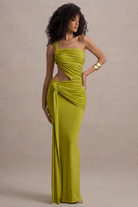 Giovanna | Olive Asymmetric Maxi Dress With Wrap Skirt