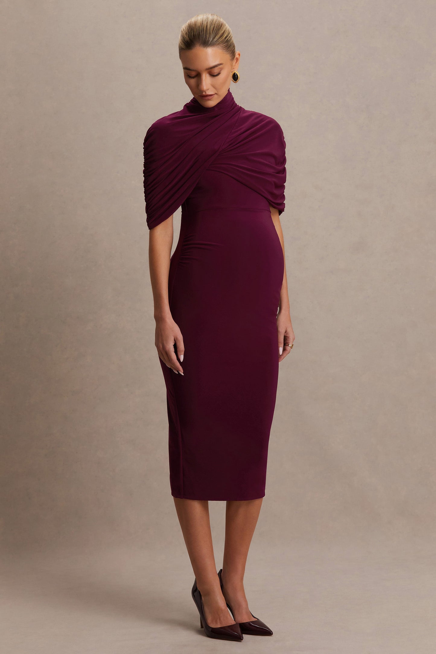 Augustina | Burgundy Maternity Midi Dress With Cape