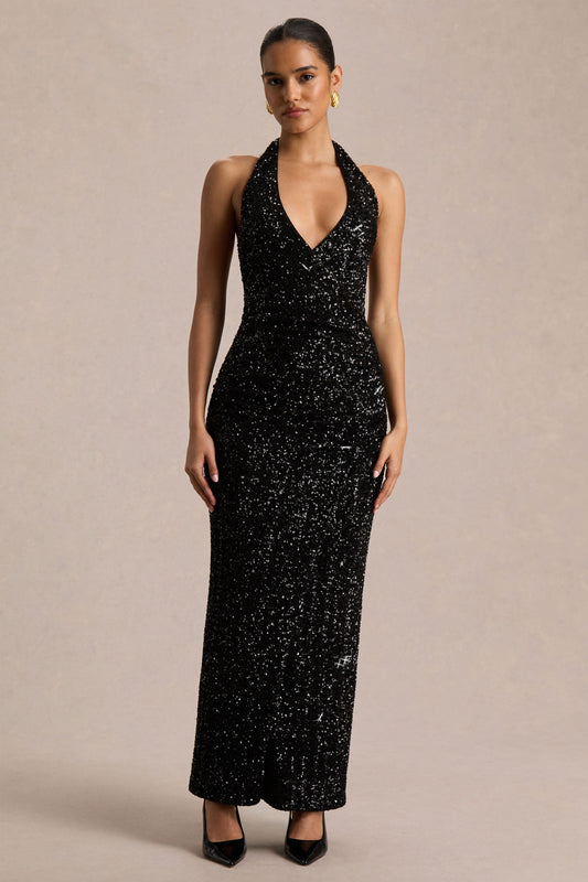 Gio | Black Sequin Plunge-Neck Wrap Maxi Dress With Ruched Detailing And Front Split