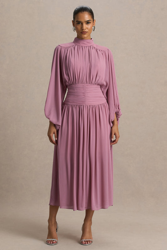 Annabel | Dusty Pink High-Neck Midi Dress With Pleating