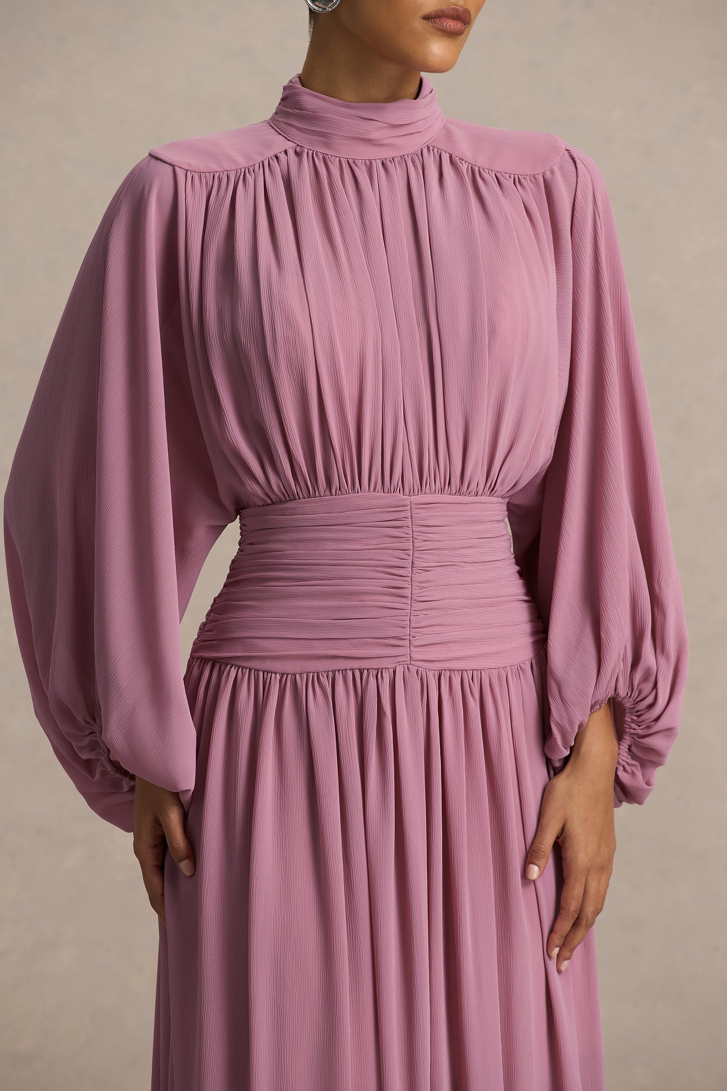 Annabel | Dusty Pink High-Neck Midi Dress With Pleating