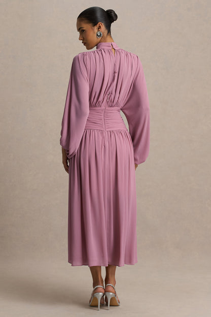 Annabel | Dusty Pink High-Neck Midi Dress With Pleating