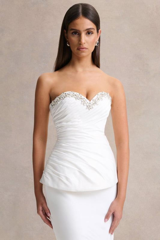 Ambria | White Satin Hand-Embellished Sweetheart-Neck Corset Top