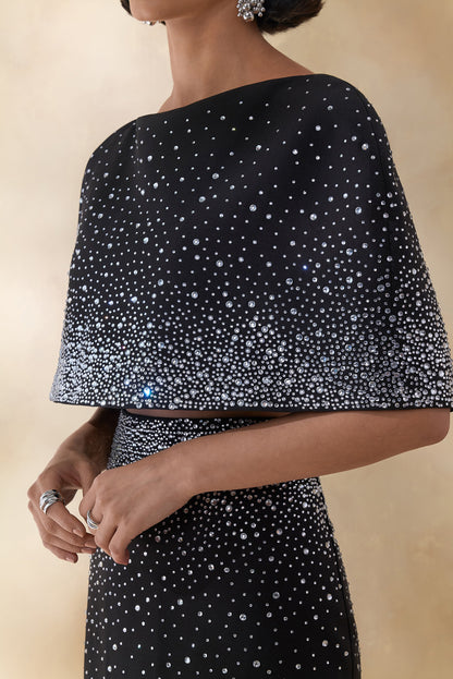 Luxy | Black Embellished Boat-Neck Crop-Top With Cape-Sleeves