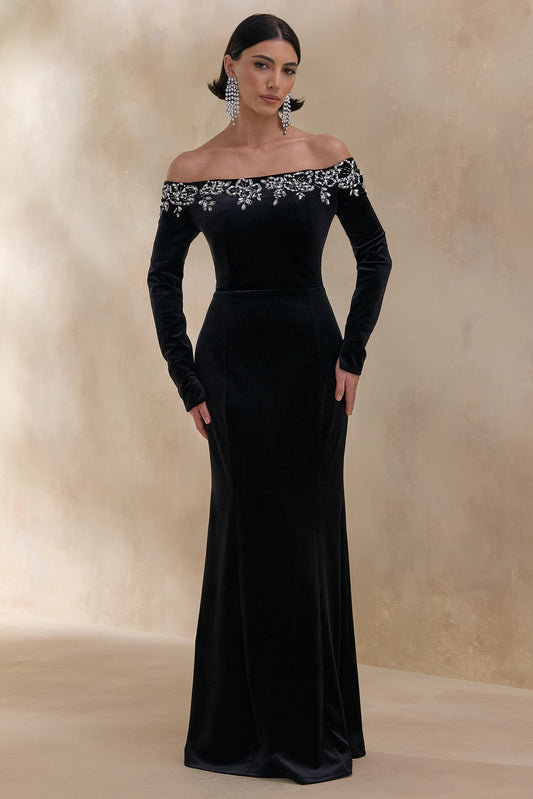 Fern | Black Velvet Embellished Bardot-Neck Maxi Dress