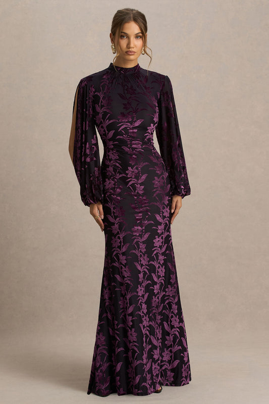 Janet | Black And Purple Devore High-Neck Maxi Dress With Cut-Out Details
