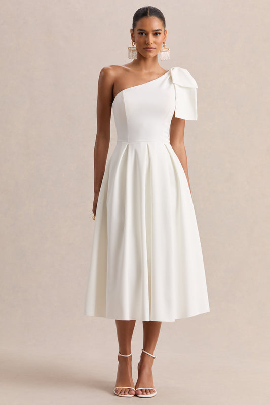Meria | White Asymmetric-Neck Midi Dress With Bow-Sleeve